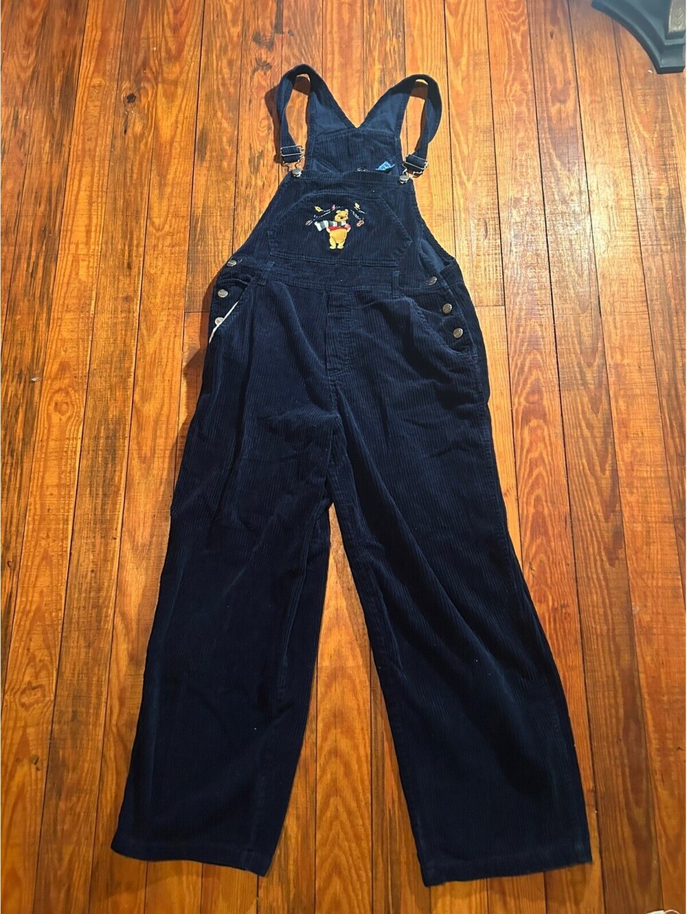 VTG Winnie The Pooh Navy Corduroy Overalls Women Lg Disney